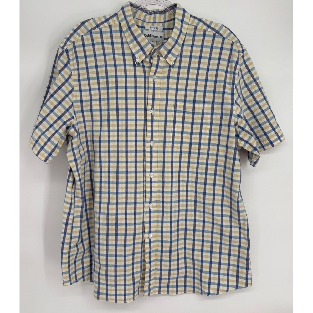 Saddlebred Comfort Flex Mens Sz XXL Short Sleeve Plaid Button Down Shirt Blue